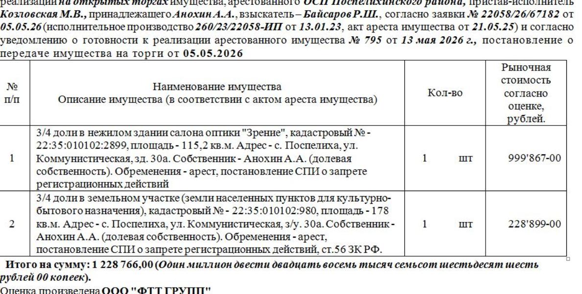 Лот№4 3/4 доли в нежилом здании салона оптики "Зрение", кадастровый № - 22:35:010102:2899, площадь - 115,2 кв.м.,  3/4 доли в земельном участке (земли населенных пунктов для культурно-бытового назначения), кадастровый № - 22:35:010102:980, площадь - 178 кв.м. Адрес - с. Поспелиха, ул. Коммунистическая, з/у. 30а. Нач.цена 1044451 руб. 10 коп. (Анохин А.А. (долевая собственность), арест, постановление СПИ о запрете регистрационных действий, ст.56 ЗК РФ) (795) (повторные) — схема расположения участка