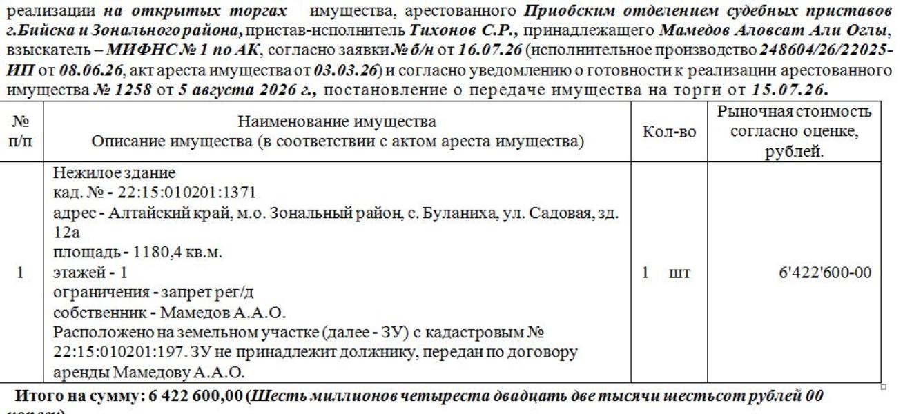 Лот№9 Нежилое здание кад. № - 22:15:010201:1371 адрес - Алтайский край, м.о. Зональный район, с. Буланиха, ул. Садовая, зд. 12а площадь - 1180,4 кв.м. этажей - 1. Нач. цена 6422600 руб. (Мамедов А.А.О., Расположено на земельном участке (далее - ЗУ) с кадастровым № 22:15:010201:197. ЗУ не принадлежит должнику, передан по договору аренды Мамедову А.А.О.) (1258) — схема расположения участка